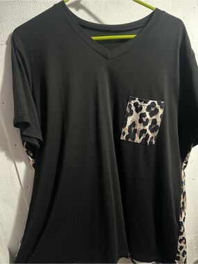 Black V-Neck Women’s Shirt with Leopard Pocket